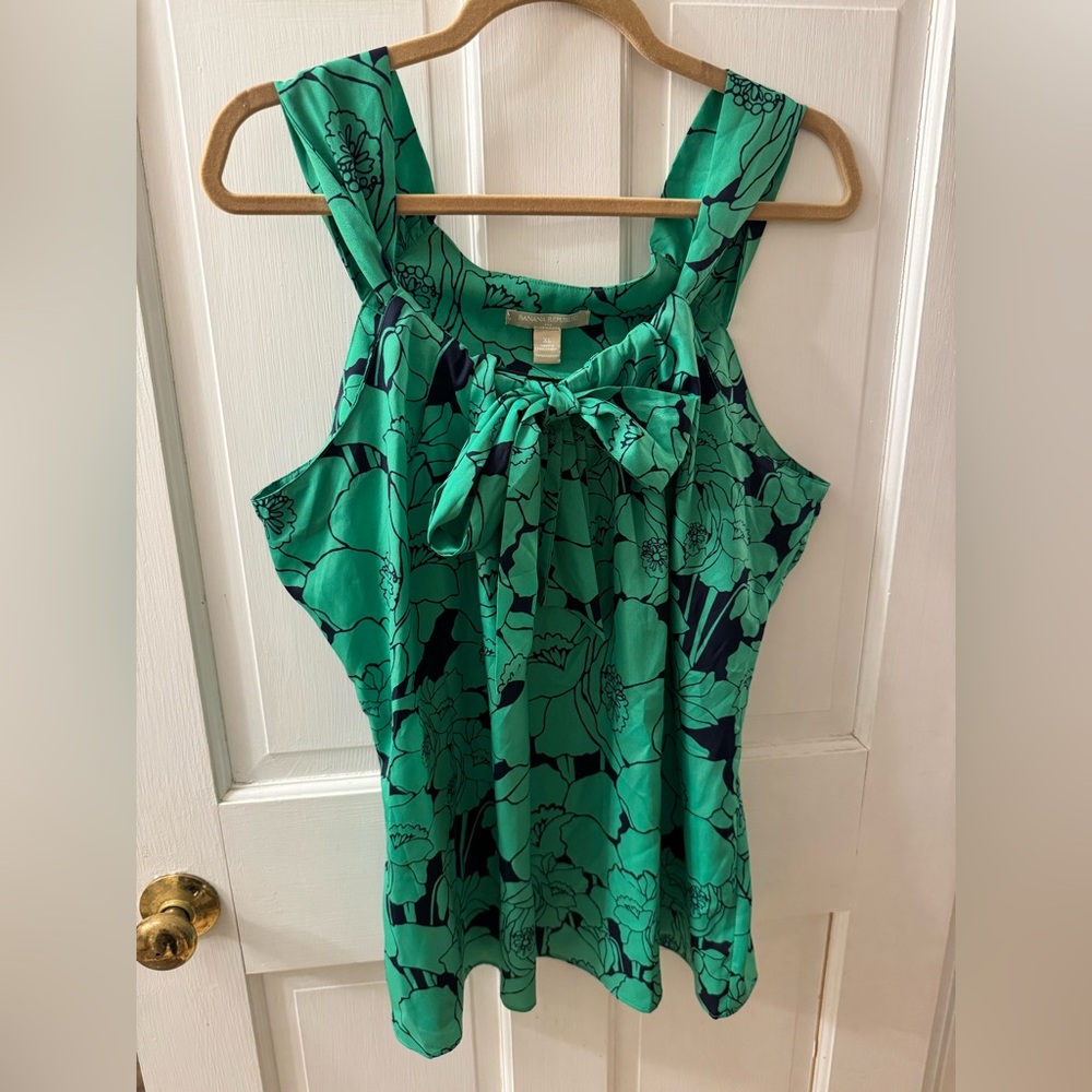Banana Republic colorful green and navy blouse tank with bow tie closure XL